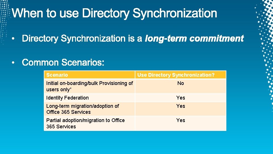 Scenario Use Directory Synchronization? Initial on-boarding/bulk Provisioning of users only* No Identity Federation Yes