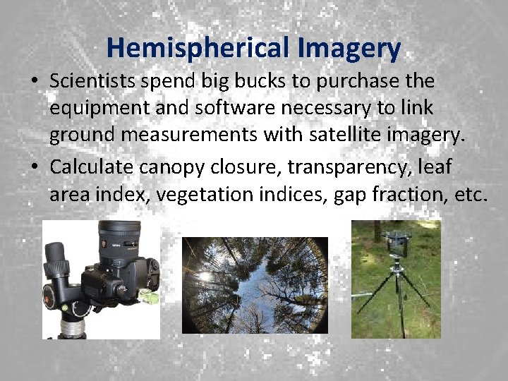 Hemispherical Imagery • Scientists spend big bucks to purchase the equipment and software necessary