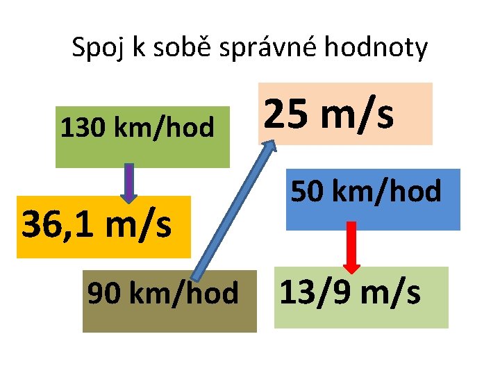 Spoj k sobě správné hodnoty 130 km/hod 36, 1 m/s 90 km/hod 25 m/s