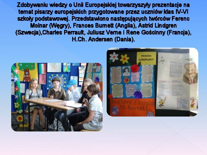 Zdobywaniu wiedzy o Unii Europejskiej towarzyszyły prezentacje na temat pisarzy europejskich przygotowane przez uczniów