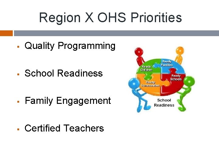 Region X OHS Priorities § Quality Programming § School Readiness § Family Engagement §