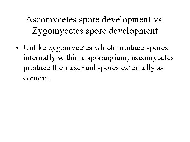 Ascomycetes spore development vs. Zygomycetes spore development • Unlike zygomycetes which produce spores internally