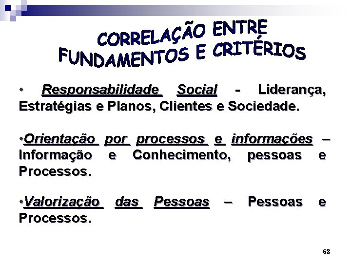  • Responsabilidade Social - Liderança, Estratégias e Planos, Clientes e Sociedade. • Orientação