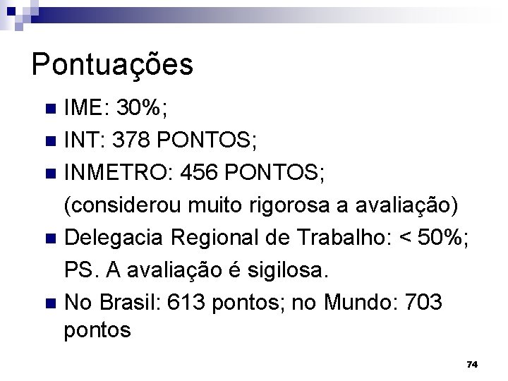 Pontuações IME: 30%; n INT: 378 PONTOS; n INMETRO: 456 PONTOS; (considerou muito rigorosa