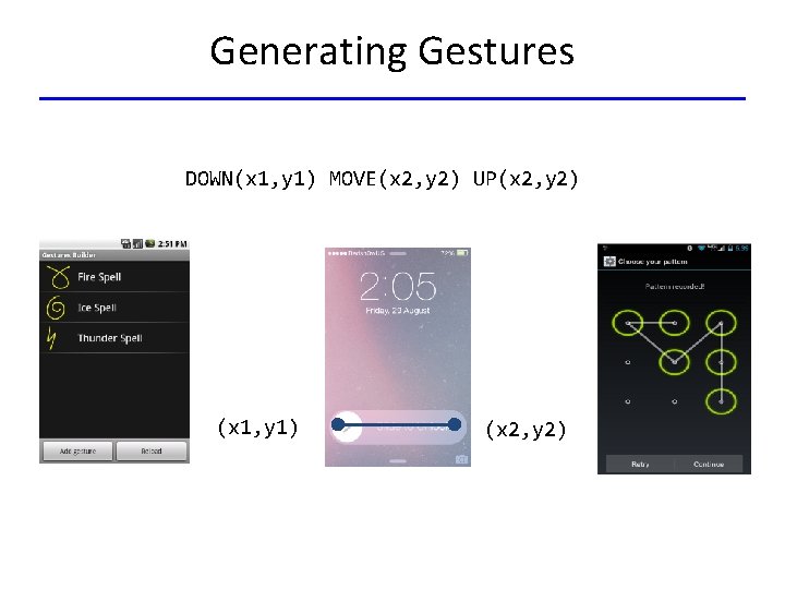 Generating Gestures DOWN(x 1, y 1) MOVE(x 2, y 2) UP(x 2, y 2)