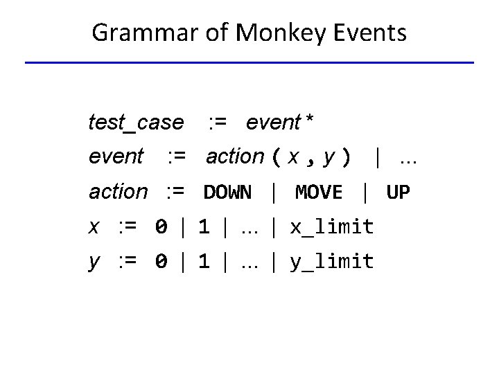 Grammar of Monkey Events test_case event : = event * : = action (