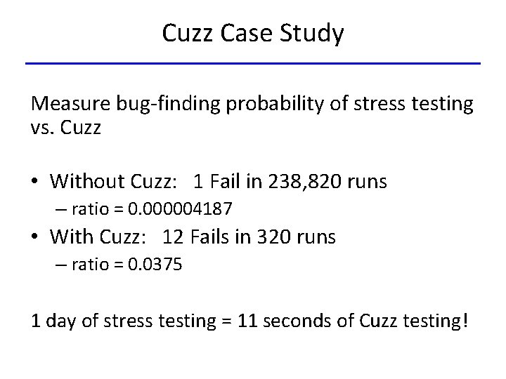 Cuzz Case Study Measure bug-finding probability of stress testing vs. Cuzz • Without Cuzz: