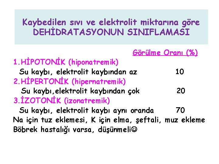 Kaybedilen sıvı ve elektrolit miktarına göre DEHİDRATASYONUN SINIFLAMASI Görülme Oranı (%) 1. HİPOTONİK (hiponatremik)