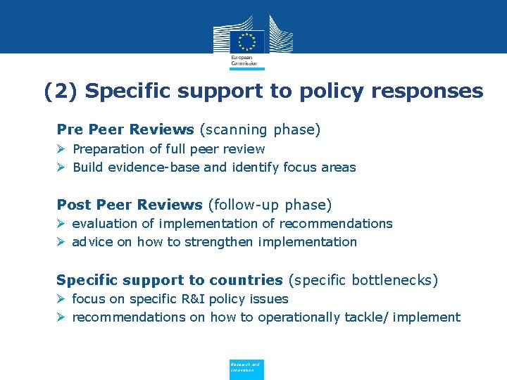 (2) Specific support to policy responses Pre Peer Reviews (scanning phase) Ø Preparation of