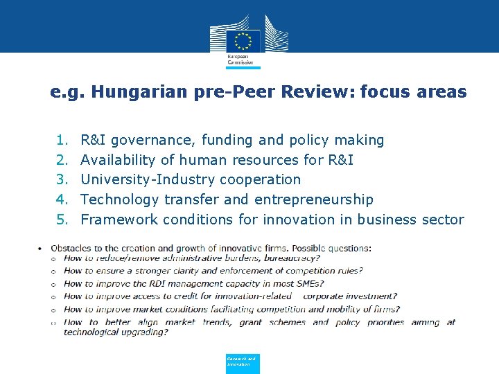 e. g. Hungarian pre-Peer Review: focus areas 1. 2. 3. 4. 5. R&I governance,