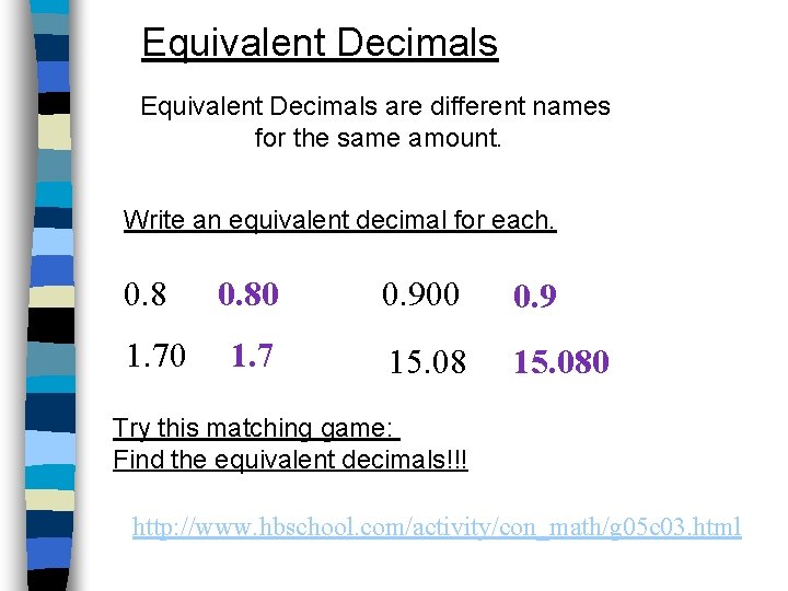 Equivalent Decimals are different names for the same amount. Write an equivalent decimal for