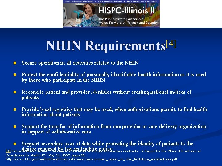 NHIN Requirements[4] n Secure operation in all activities related to the NHIN n Protect