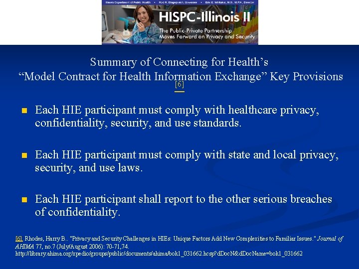 Summary of Connecting for Health’s “Model Contract for Health Information Exchange” Key Provisions [6]
