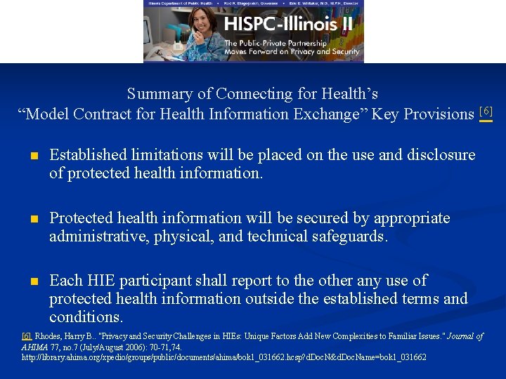 Summary of Connecting for Health’s “Model Contract for Health Information Exchange” Key Provisions [6]