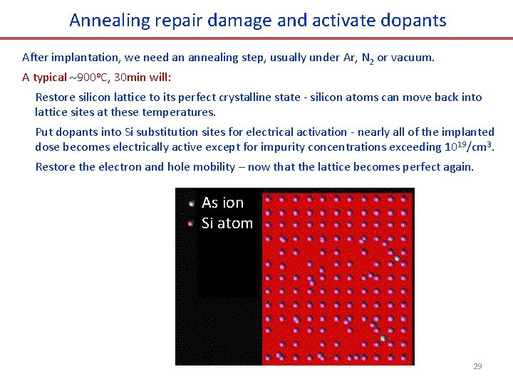 Annealing repair damage and activate dopants After implantation, we need an annealing step, usually