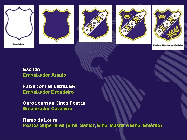 Escudo Embaixador Arauto Faixa com as Letras ER Embaixador Escudeiro Coroa com as Cinco Escudo Embaixador Arauto Faixa com as Letras ER Embaixador Escudeiro Coroa com as Cinco
