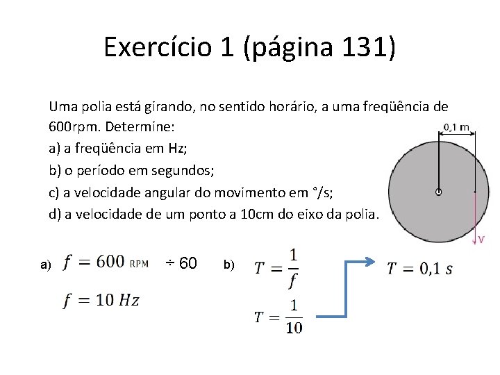 Exercício 1 (página 131) Uma polia está girando, no sentido horário, a uma freqüência