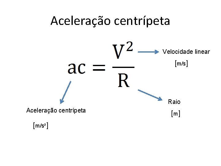 Aceleração centrípeta Velocidade linear [m/s] Raio Aceleração centrípeta [m/s²] [ m] 