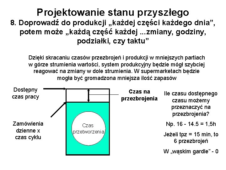 Projektowanie stanu przyszłego 8. Doprowadź do produkcji „każdej części każdego dnia”, potem może „każdą