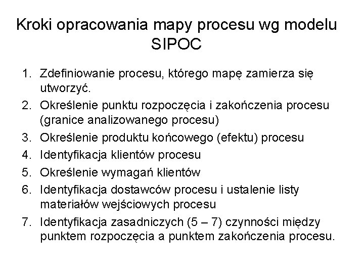 Kroki opracowania mapy procesu wg modelu SIPOC 1. Zdefiniowanie procesu, którego mapę zamierza się