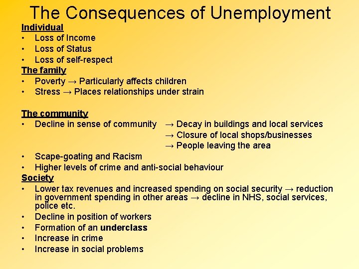 The Consequences of Unemployment Individual • Loss of Income • Loss of Status •