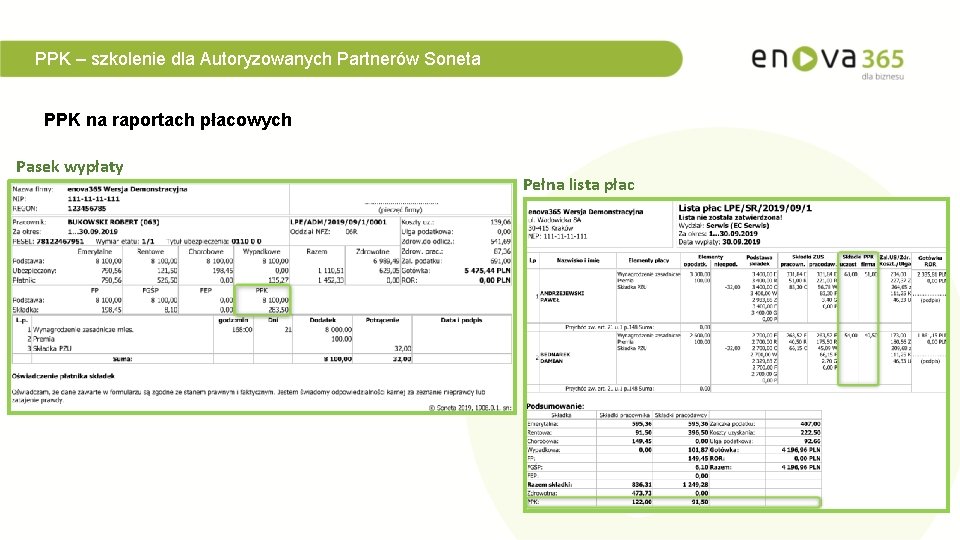 PPK – szkolenie dla Autoryzowanych Partnerów Soneta PPK na raportach płacowych Pasek wypłaty Pełna