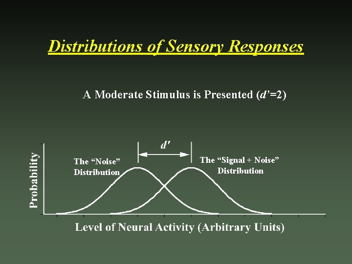 Distributions of Sensory Responses A Moderate Stimulus is Presented (d’=2) The “Noise” Distribution The