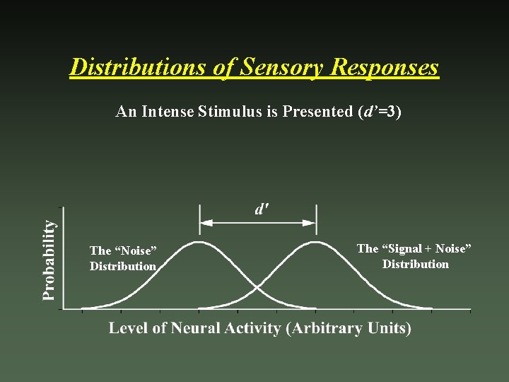 Distributions of Sensory Responses An Intense Stimulus is Presented (d’=3) The “Noise” Distribution The