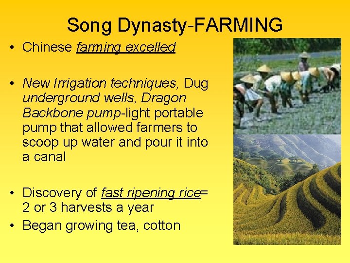 Song Dynasty-FARMING • Chinese farming excelled • New Irrigation techniques, Dug underground wells, Dragon