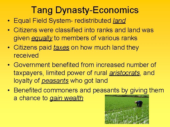 Tang Dynasty-Economics • Equal Field System- redistributed land • Citizens were classified into ranks