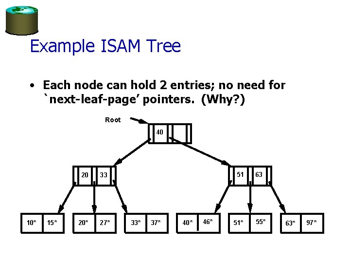 Example ISAM Tree • Each node can hold 2 entries; no need for `next-leaf-page’