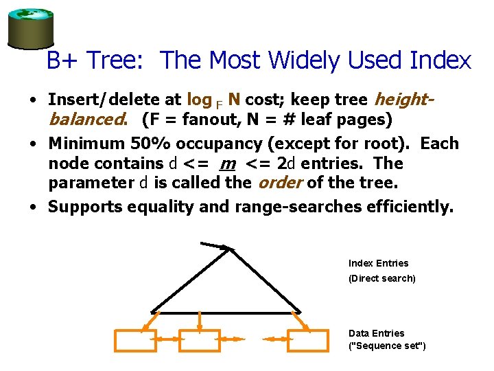 B+ Tree: The Most Widely Used Index • Insert/delete at log F N cost;