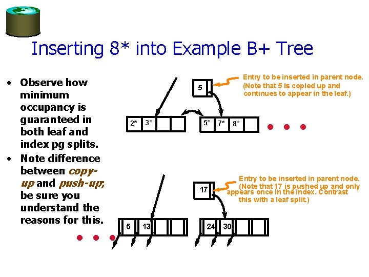 Inserting 8* into Example B+ Tree • Observe how minimum occupancy is guaranteed in