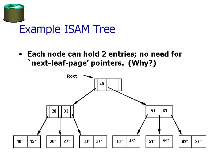 Example ISAM Tree • Each node can hold 2 entries; no need for `next-leaf-page’