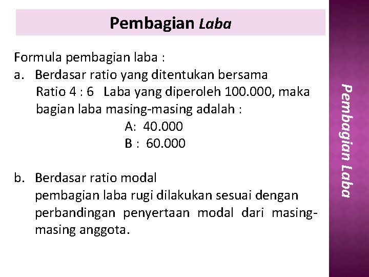 Pembagian Laba b. Berdasar ratio modal pembagian laba rugi dilakukan sesuai dengan perbandingan penyertaan