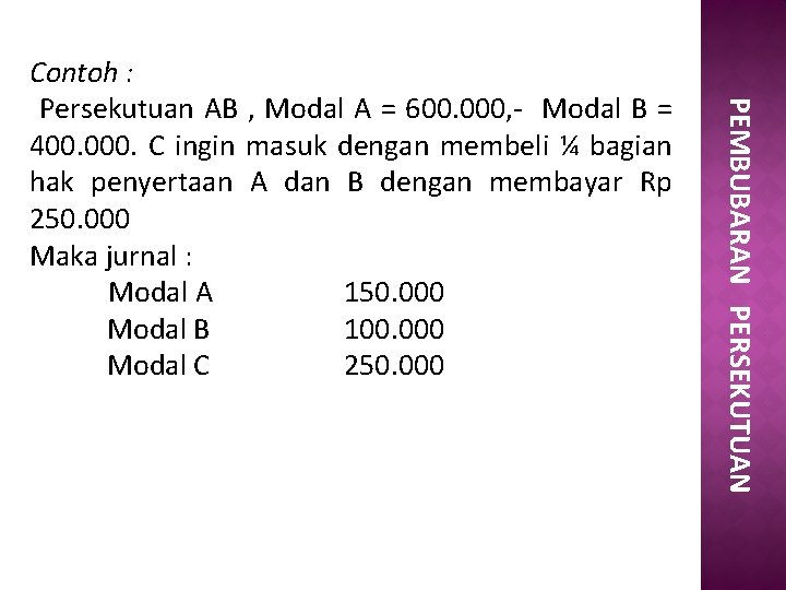 PEMBUBARAN PERSEKUTUAN Contoh : Persekutuan AB , Modal A = 600. 000, - Modal