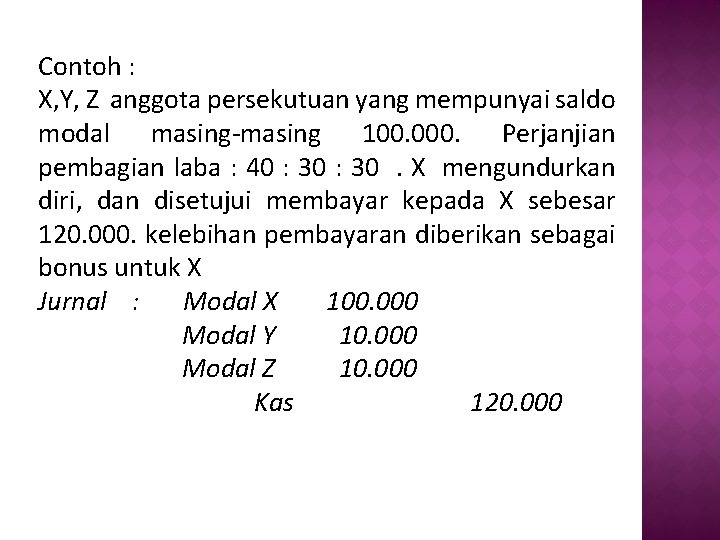 Contoh : X, Y, Z anggota persekutuan yang mempunyai saldo modal masing-masing 100. 000.