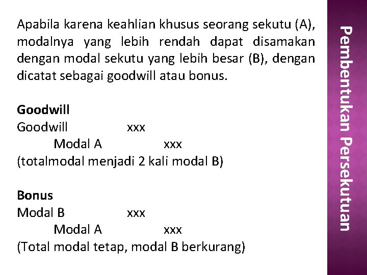 Goodwill xxx Modal A xxx (totalmodal menjadi 2 kali modal B) Bonus Modal B