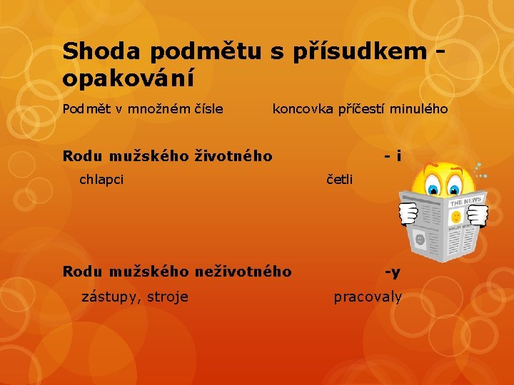 Shoda podmětu s přísudkem opakování Podmět v množném čísle koncovka příčestí minulého Rodu mužského