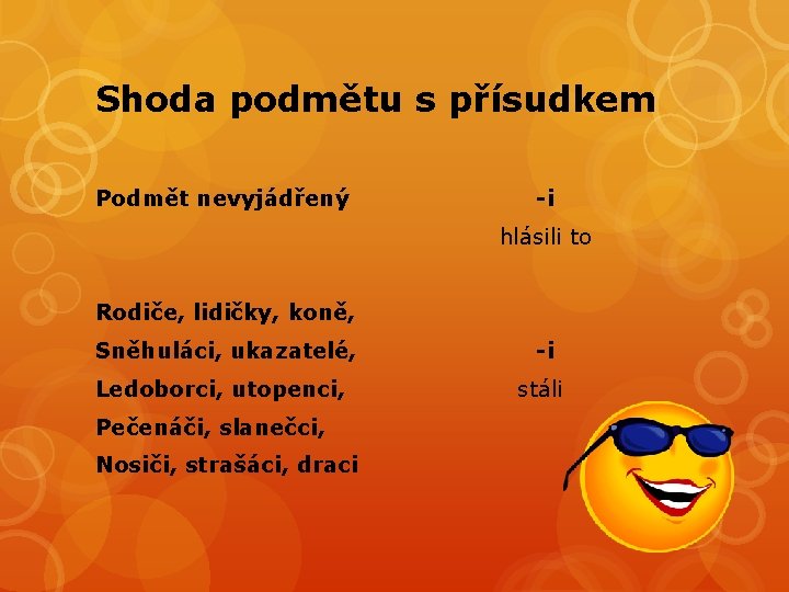 Shoda podmětu s přísudkem Podmět nevyjádřený -i hlásili to Rodiče, lidičky, koně, Sněhuláci, ukazatelé,