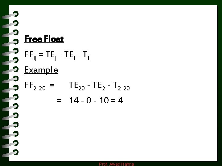 Free Float FFij = TEj - TEi - Tij Example FF 2 -20 =
