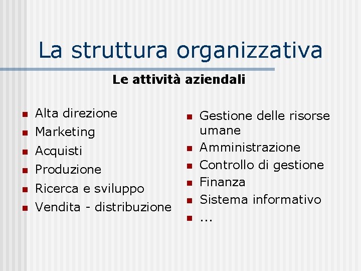 La struttura organizzativa Le attività aziendali n Alta direzione n Marketing n Acquisti n