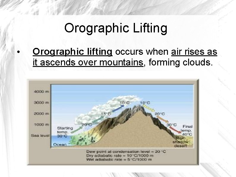 Orographic Lifting • Orographic lifting occurs when air rises as it ascends over mountains,