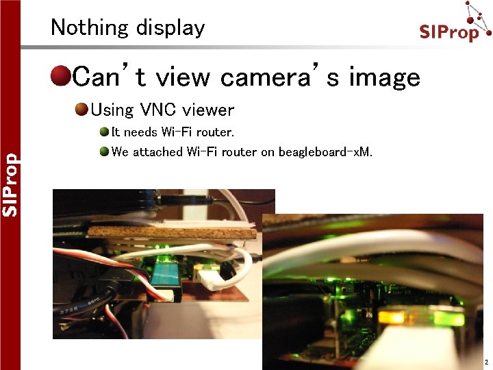 Nothing display Can’t view camera’s image Using VNC viewer It needs Wi-Fi router. We