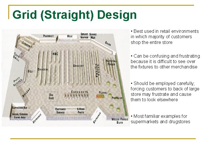 Grid (Straight) Design • Best used in retail environments in which majority of customers
