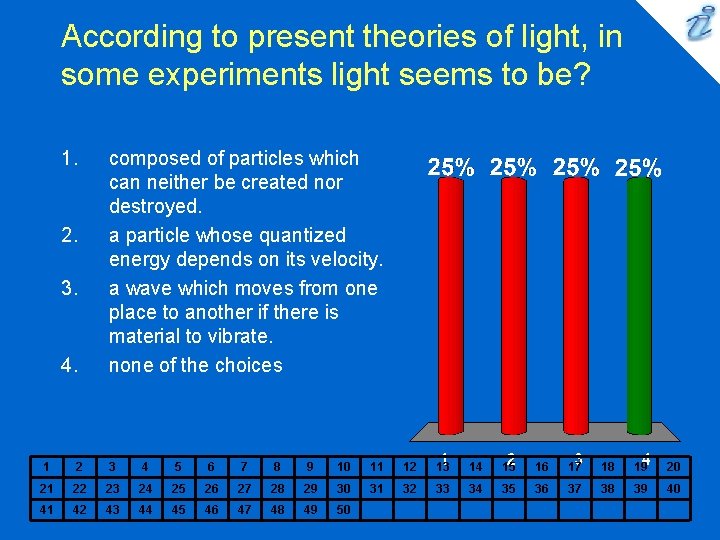 According to present theories of light, in some experiments light seems to be? 1.