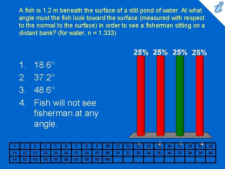 A fish is 1. 2 m beneath the surface of a still pond of