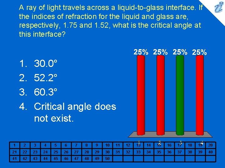 A ray of light travels across a liquid-to-glass interface. If the indices of refraction