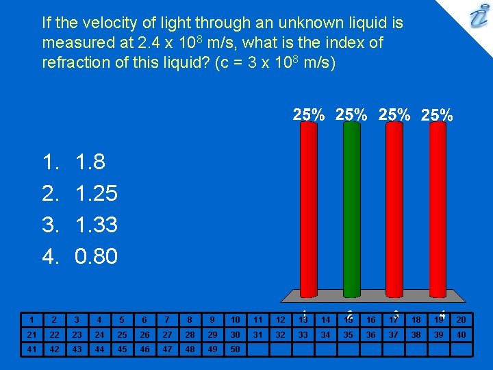 If the velocity of light through an unknown liquid is measured at 2. 4