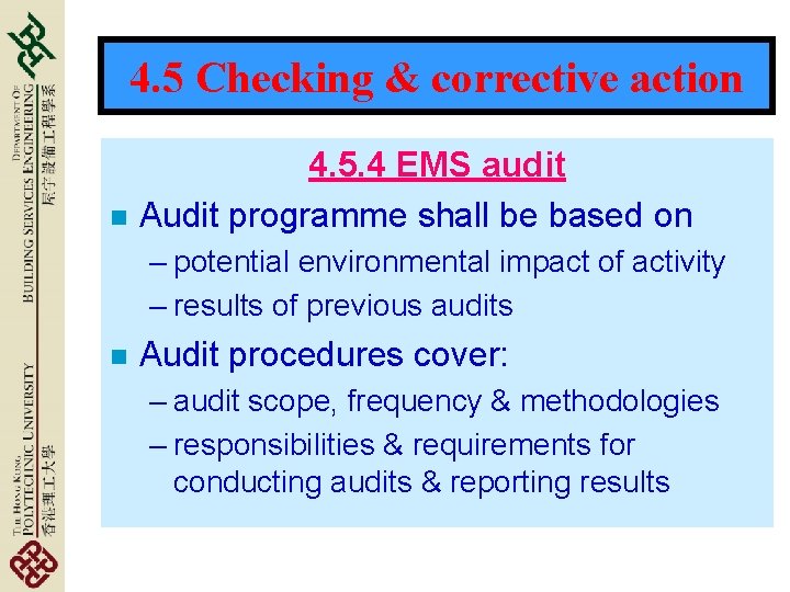 4. 5 Checking & corrective action n 4. 5. 4 EMS audit Audit programme